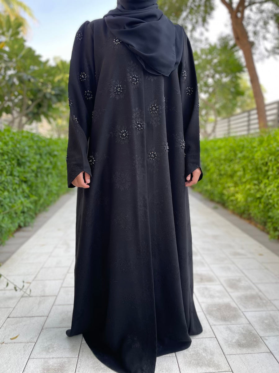 Black Open Abaya with Flower Design and Beading(Abaya Dress Jilbab)
