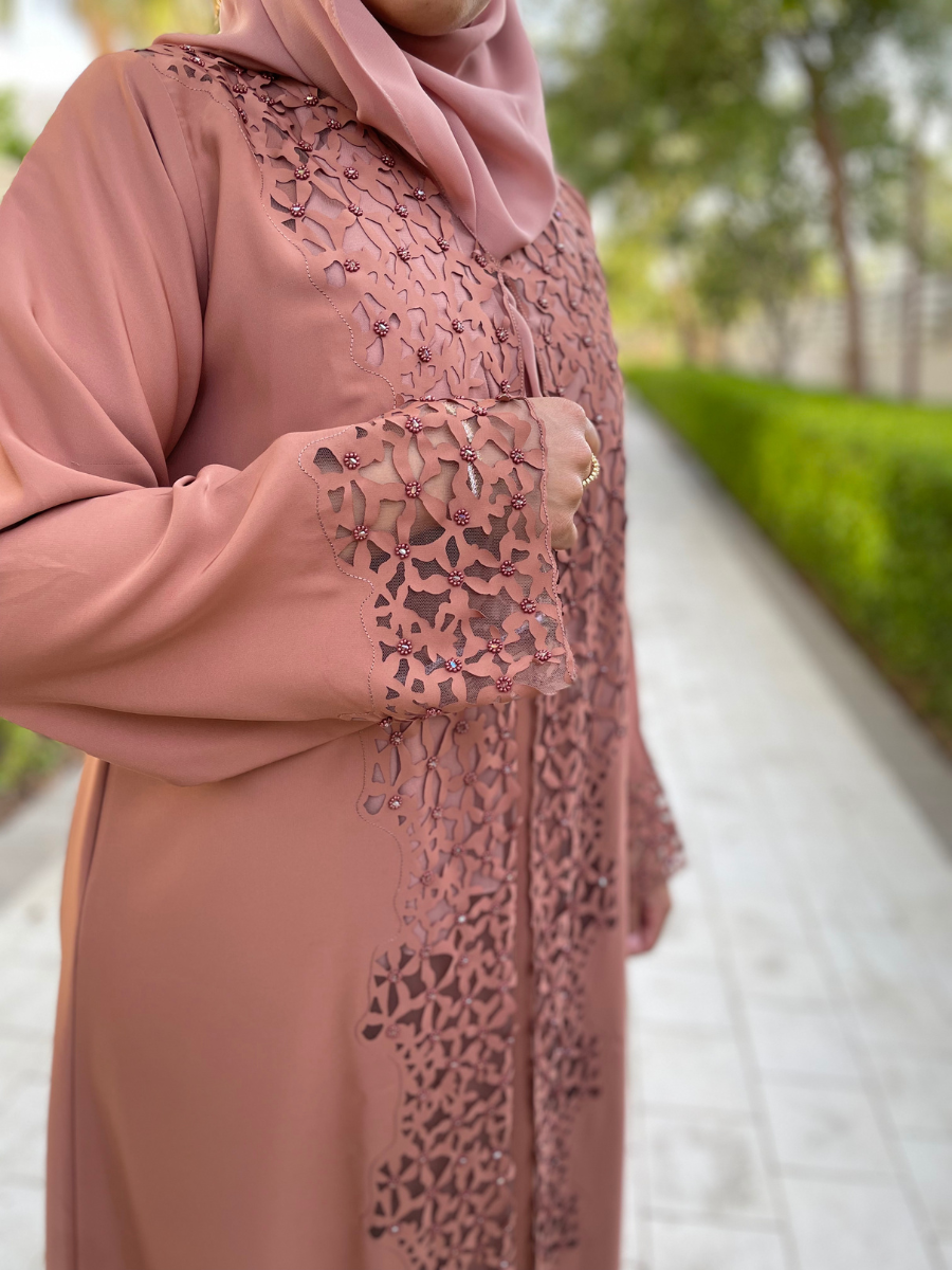 Coral Beige Open Abaya with Elegant Detailing