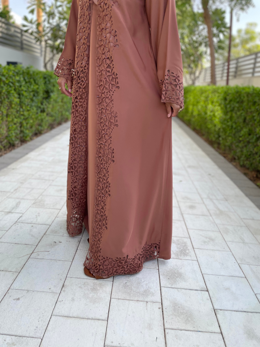 Coral Beige Open Abaya with Elegant Detailing