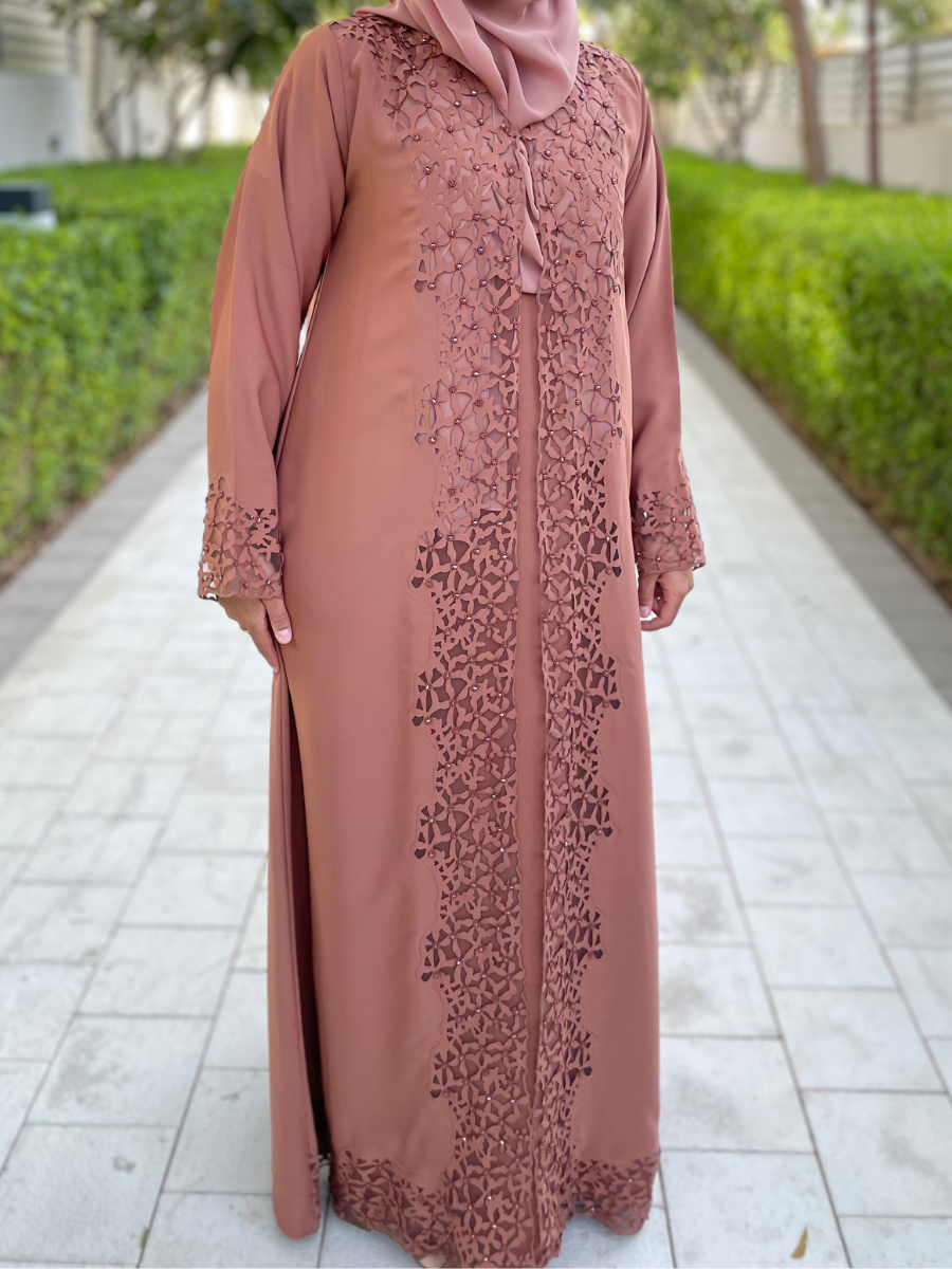 Coral Beige Open Abaya with Elegant Detailing