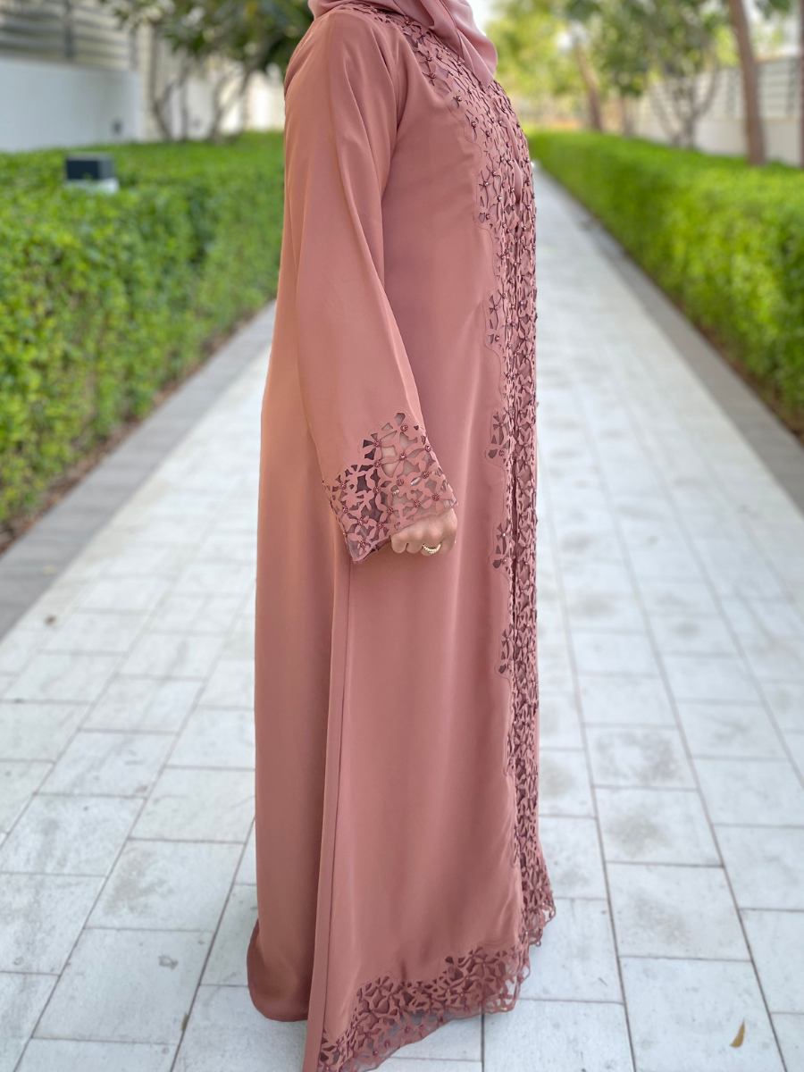 Coral Beige Open Abaya with Elegant Detailing