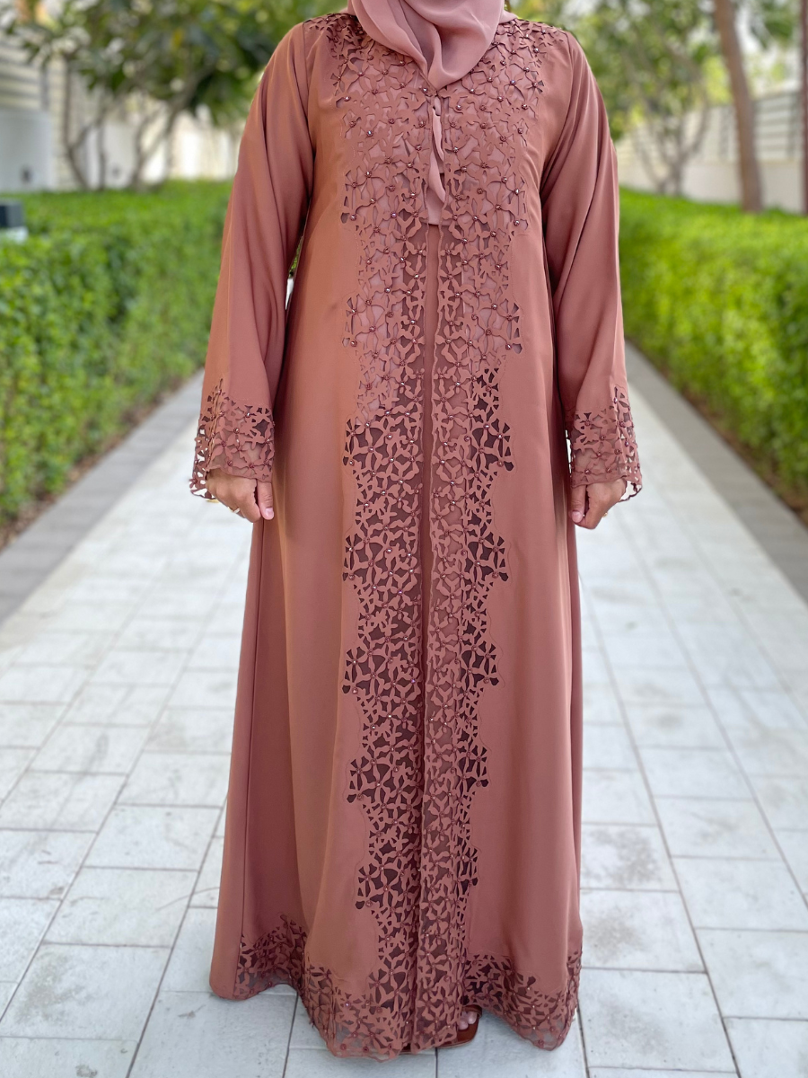 Coral Beige Open Abaya with Elegant Detailing