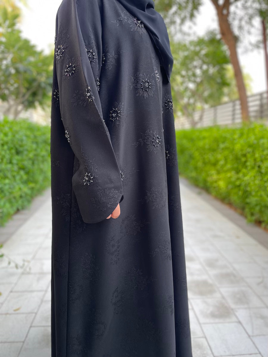 Black Open Abaya with Flower Design and Beading(Abaya Dress Jilbab)